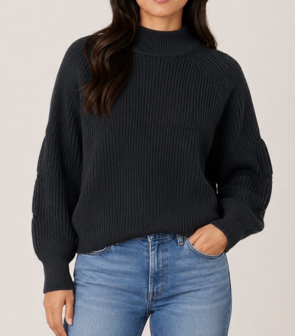 Margaret O’Leary 100% Cashmere Sweater Mock Neck Balloon Sleeve Chunky Rib Knit